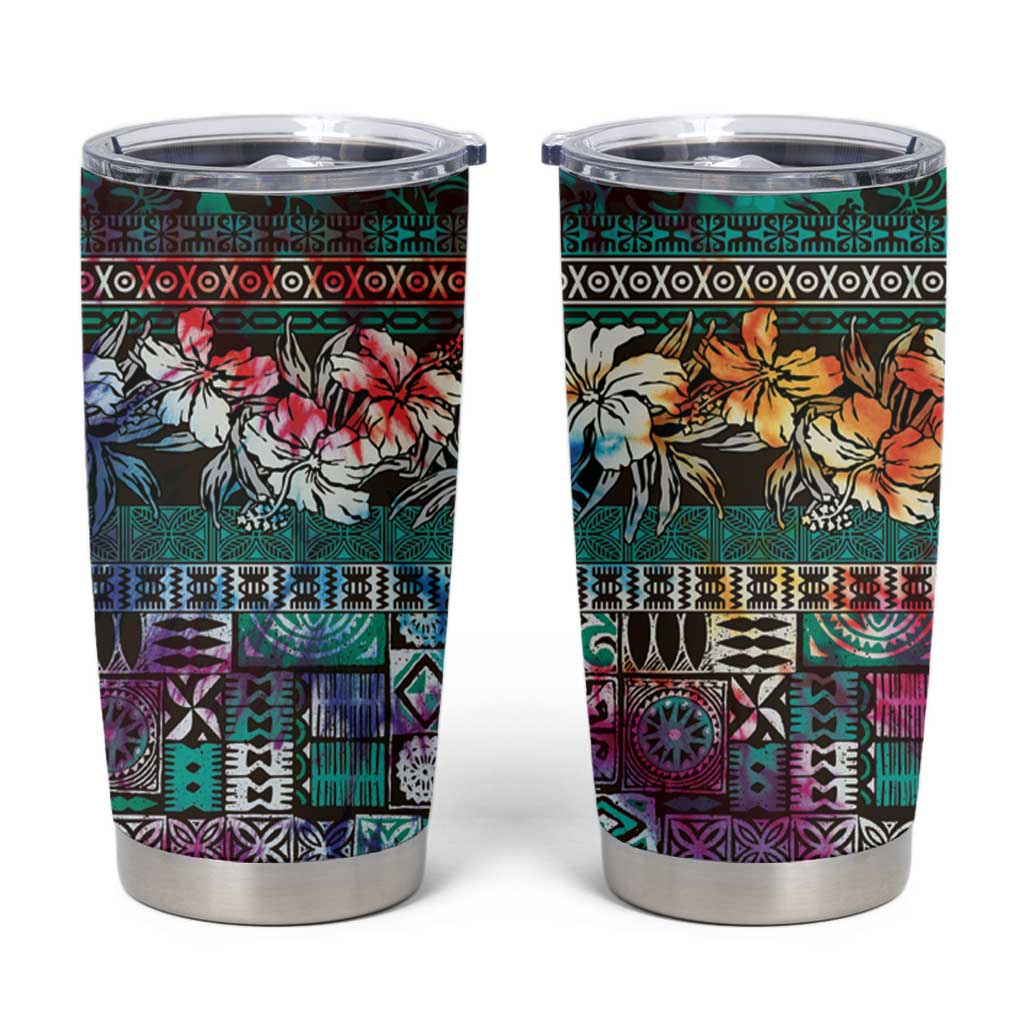 Pacific Hibiscus Tapa Tribal Vintage Tumbler Cup Turquoise Motif