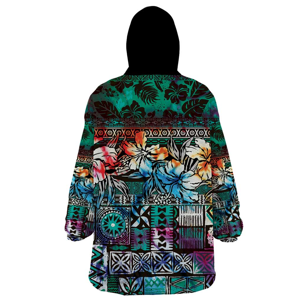 Pacific Hibiscus Tapa Tribal Vintage Wearable Blanket Hoodie Turquoise Motif