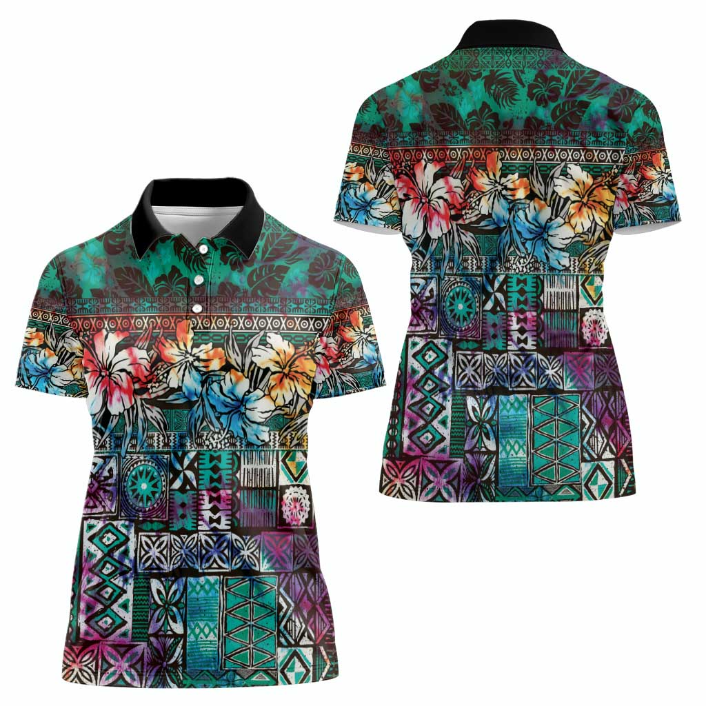 Pacific Hibiscus Tapa Tribal Vintage Women Polo Shirt Turquoise Motif