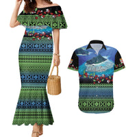 Personalised Fiji Viti Levu Couples Matching Mermaid Dress and Hawaiian Shirt Tagimoucia and Tapa Tribal Pattern LT9 Blue - Polynesian Pride