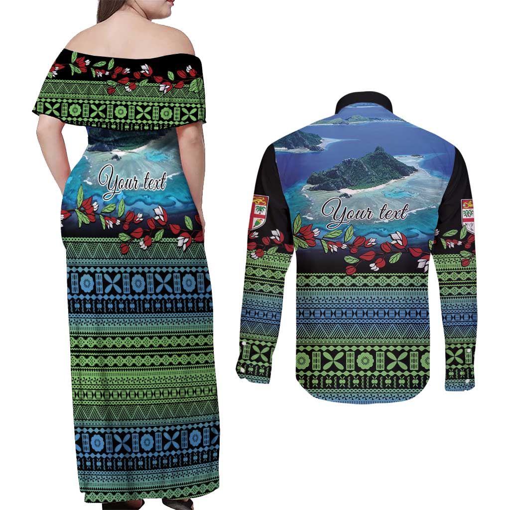 Personalised Fiji Viti Levu Couples Matching Off Shoulder Maxi Dress and Long Sleeve Button Shirt Tagimoucia and Tapa Tribal Pattern