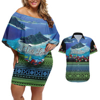 Personalised Fiji Viti Levu Couples Matching Off Shoulder Short Dress and Hawaiian Shirt Tagimoucia and Tapa Tribal Pattern LT9 Blue - Polynesian Pride