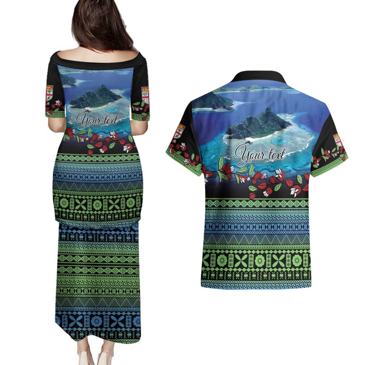 Personalised Fiji Viti Levu Couples Matching Puletasi and Hawaiian Shirt Tagimoucia and Tapa Tribal Pattern