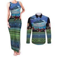 Personalised Fiji Viti Levu Couples Matching Tank Maxi Dress and Long Sleeve Button Shirt Tagimoucia and Tapa Tribal Pattern LT9 Blue - Polynesian Pride