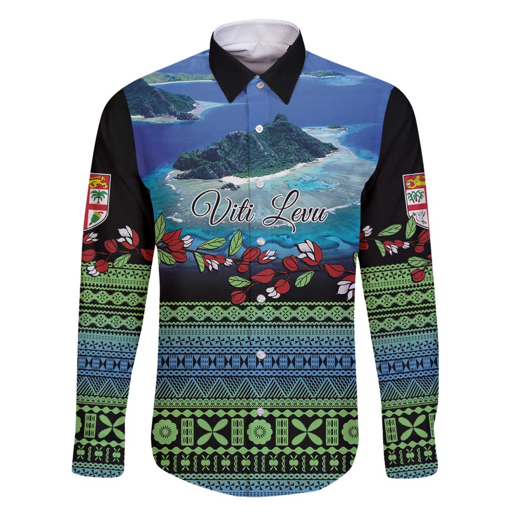 Personalised Fiji Viti Levu Family Matching Long Sleeve Bodycon Dress and Hawaiian Shirt Tagimoucia and Tapa Tribal Pattern LT9 Dad's Shirt - Long Sleeve Blue - Polynesian Pride