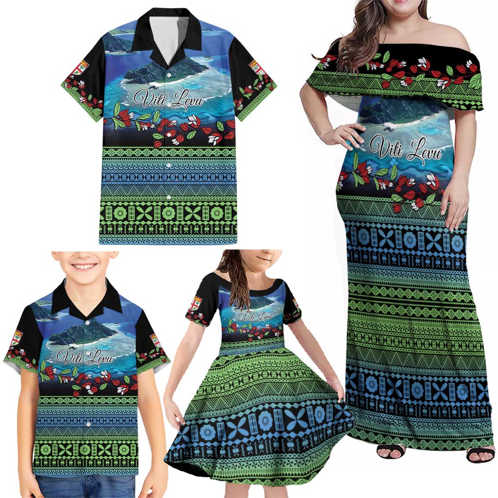 Personalised Fiji Viti Levu Family Matching Off Shoulder Maxi Dress and Hawaiian Shirt Tagimoucia and Tapa Tribal Pattern