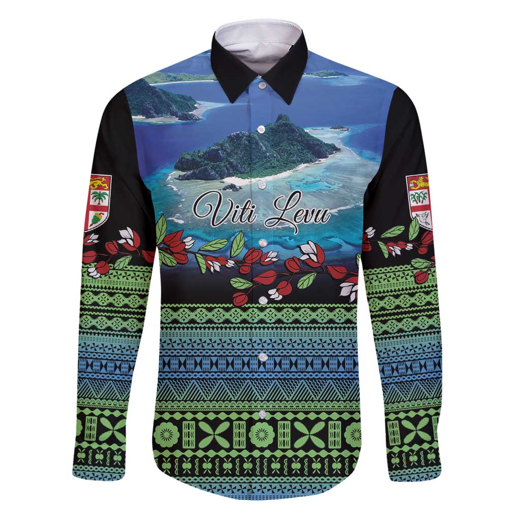Personalised Fiji Viti Levu Family Matching Puletasi and Hawaiian Shirt Tagimoucia and Tapa Tribal Pattern LT9 Dad's Shirt - Long Sleeve Blue - Polynesian Pride