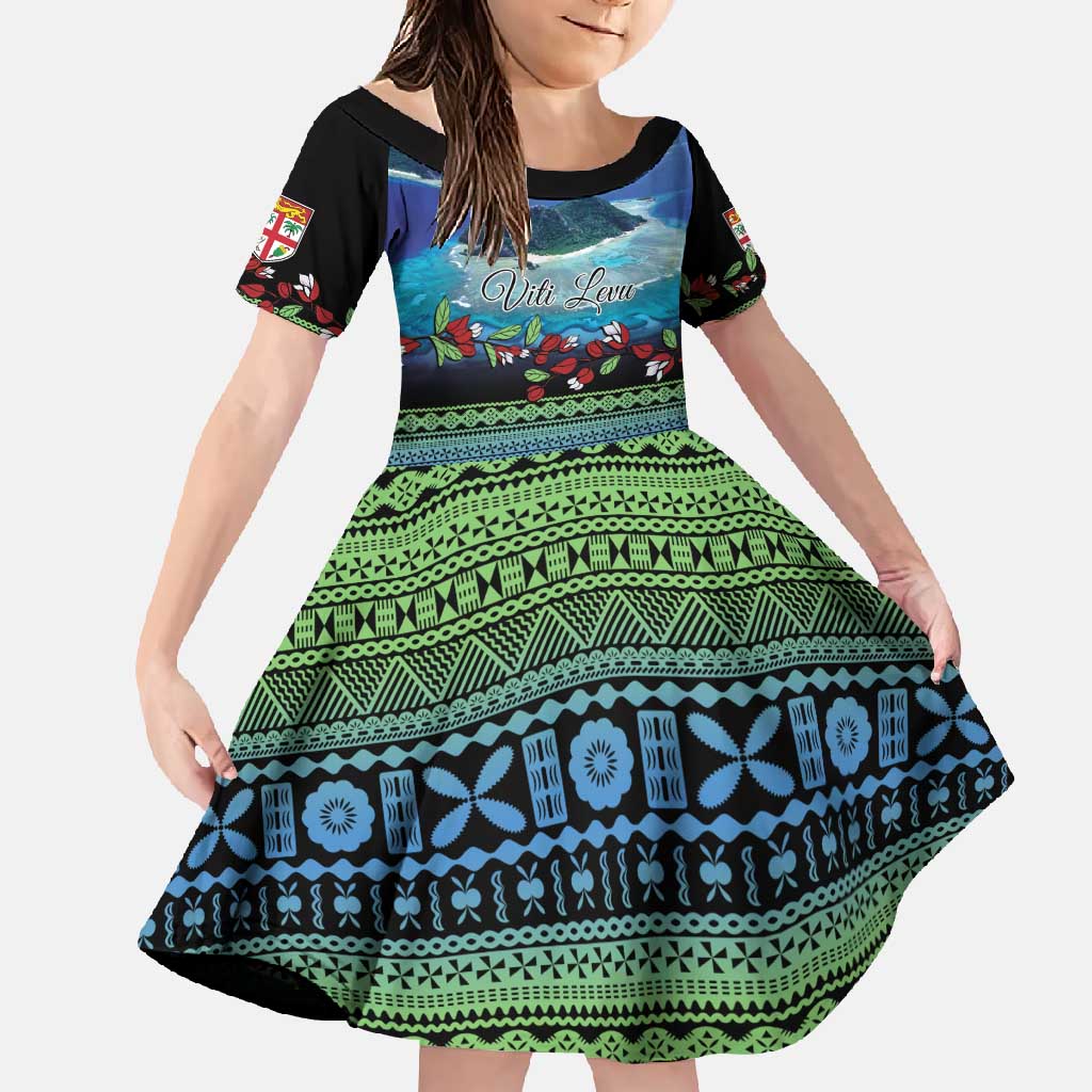 Personalised Fiji Viti Levu Family Matching Short Sleeve Bodycon Dress and Hawaiian Shirt Tagimoucia and Tapa Tribal Pattern LT9 Daughter's Dress Blue - Polynesian Pride