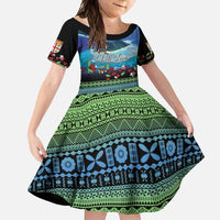 Personalised Fiji Viti Levu Family Matching Short Sleeve Bodycon Dress and Hawaiian Shirt Tagimoucia and Tapa Tribal Pattern LT9 Daughter's Dress Blue - Polynesian Pride