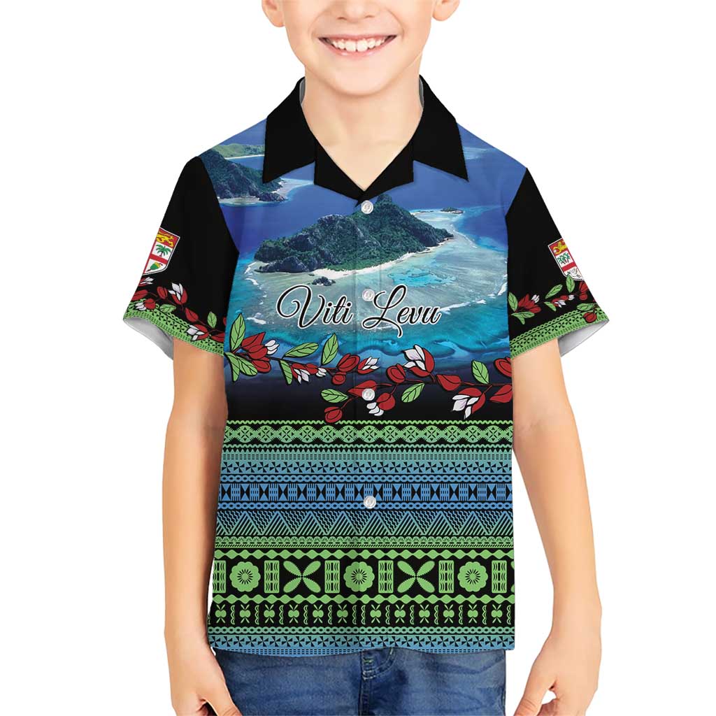 Personalised Fiji Viti Levu Family Matching Short Sleeve Bodycon Dress and Hawaiian Shirt Tagimoucia and Tapa Tribal Pattern LT9 Son's Shirt Blue - Polynesian Pride