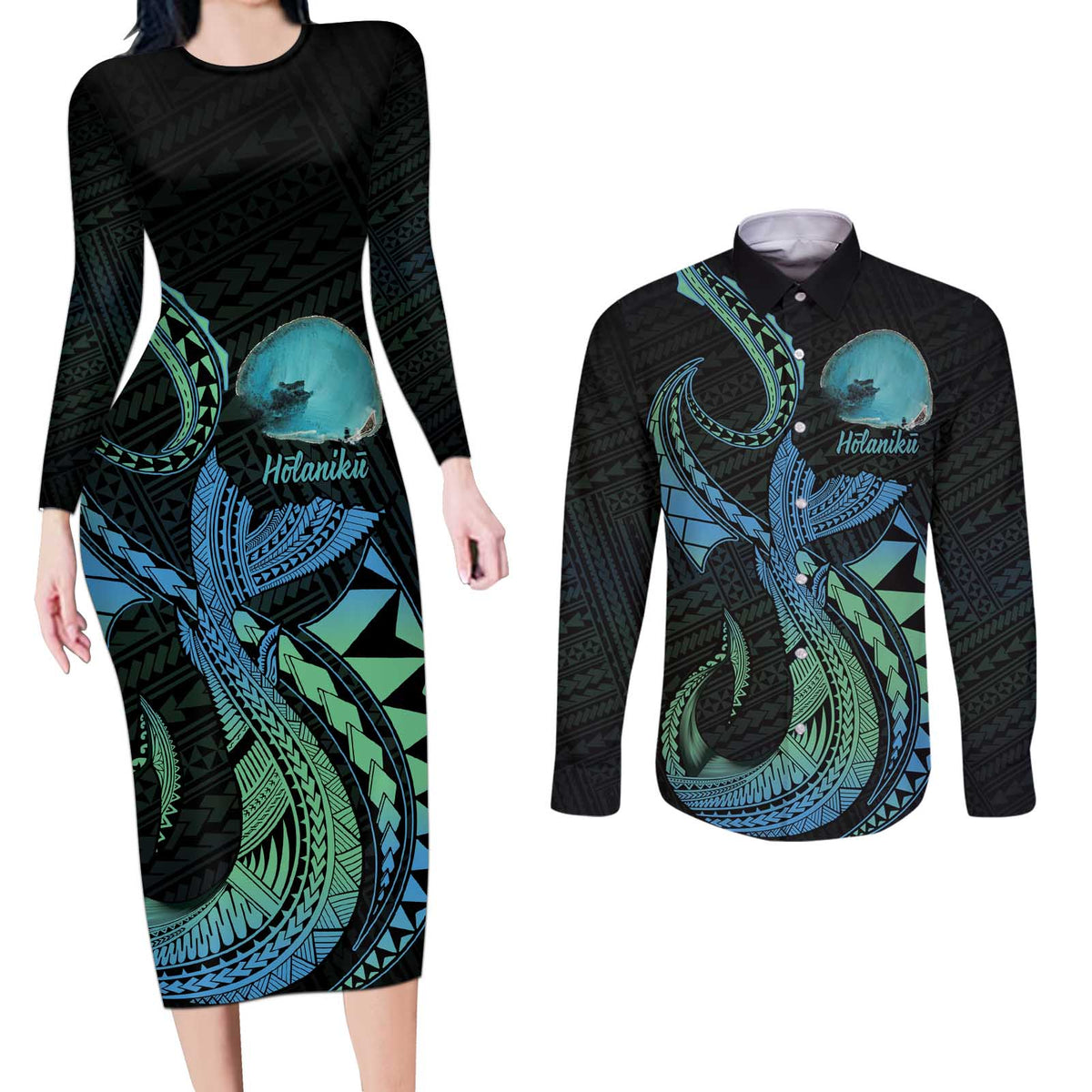 Personalised Hawaii Kure Atoll Couples Matching Long Sleeve Bodycon Dress and Long Sleeve Button Shirt Holaniku Coral Reef with Polynesian Tribal LT9 Blue - Polynesian Pride