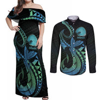 Personalised Hawaii Kure Atoll Couples Matching Off Shoulder Maxi Dress and Long Sleeve Button Shirt Holaniku Coral Reef with Polynesian Tribal LT9 Blue - Polynesian Pride