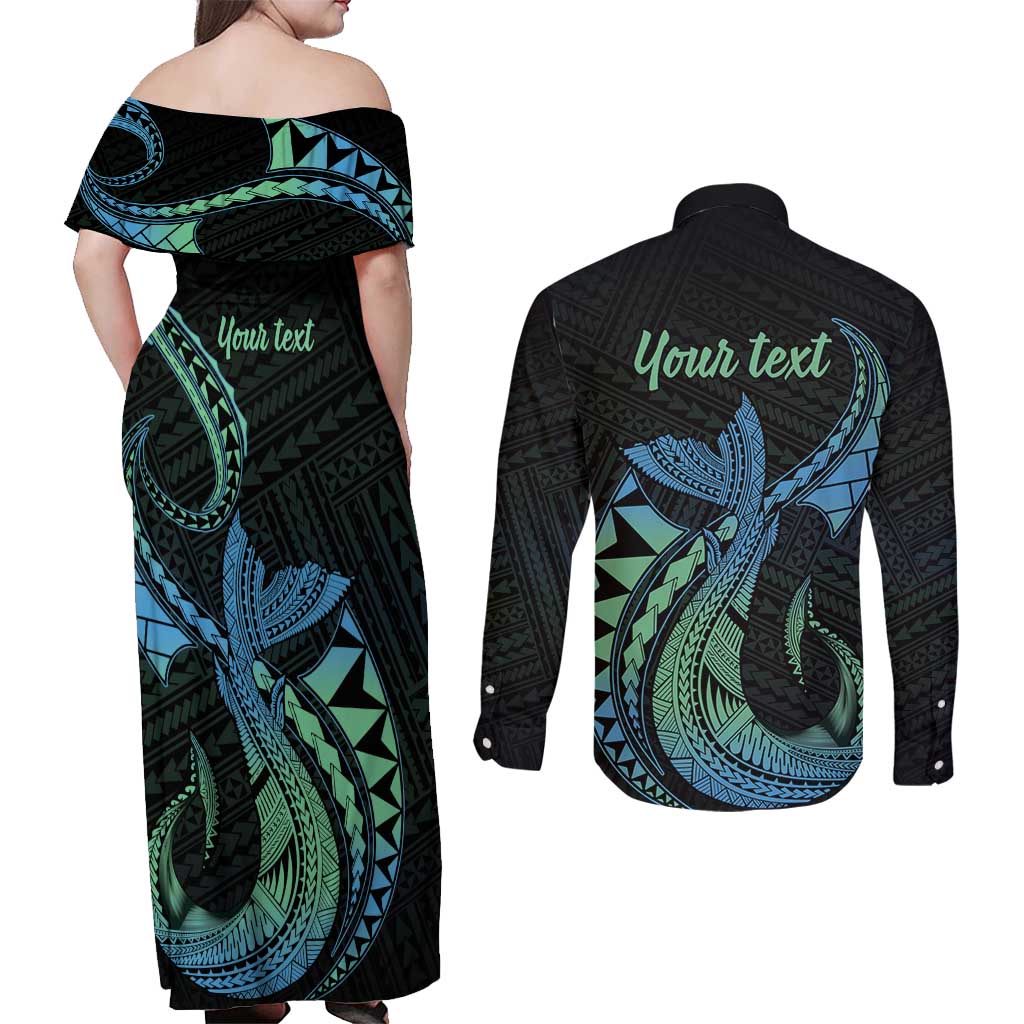 Personalised Hawaii Kure Atoll Couples Matching Off Shoulder Maxi Dress and Long Sleeve Button Shirt Holaniku Coral Reef with Polynesian Tribal LT9 - Polynesian Pride