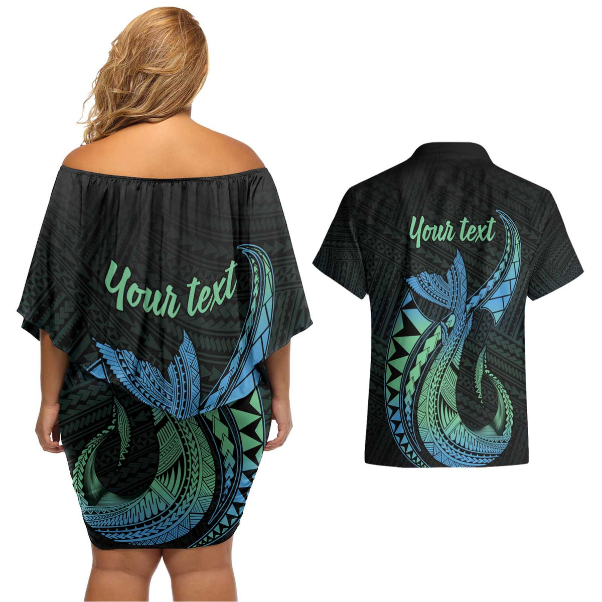 Personalised Hawaii Kure Atoll Couples Matching Off Shoulder Short Dress and Hawaiian Shirt Holaniku Coral Reef with Polynesian Tribal LT9 - Polynesian Pride