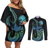 Personalised Hawaii Kure Atoll Couples Matching Off Shoulder Short Dress and Long Sleeve Button Shirt Holaniku Coral Reef with Polynesian Tribal LT9 Blue - Polynesian Pride