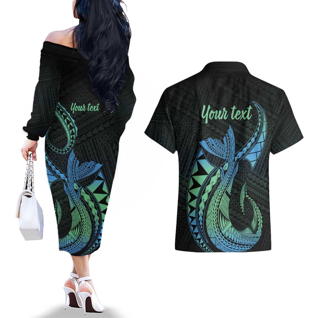 Personalised Hawaii Kure Atoll Couples Matching Off The Shoulder Long Sleeve Dress and Hawaiian Shirt Holaniku Coral Reef with Polynesian Tribal