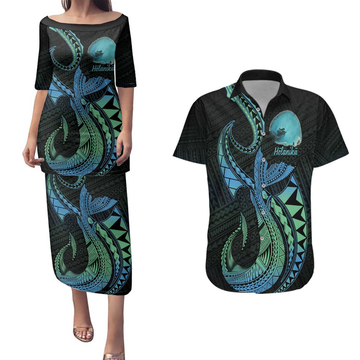 Personalised Hawaii Kure Atoll Couples Matching Puletasi and Hawaiian Shirt Holaniku Coral Reef with Polynesian Tribal LT9 Blue - Polynesian Pride