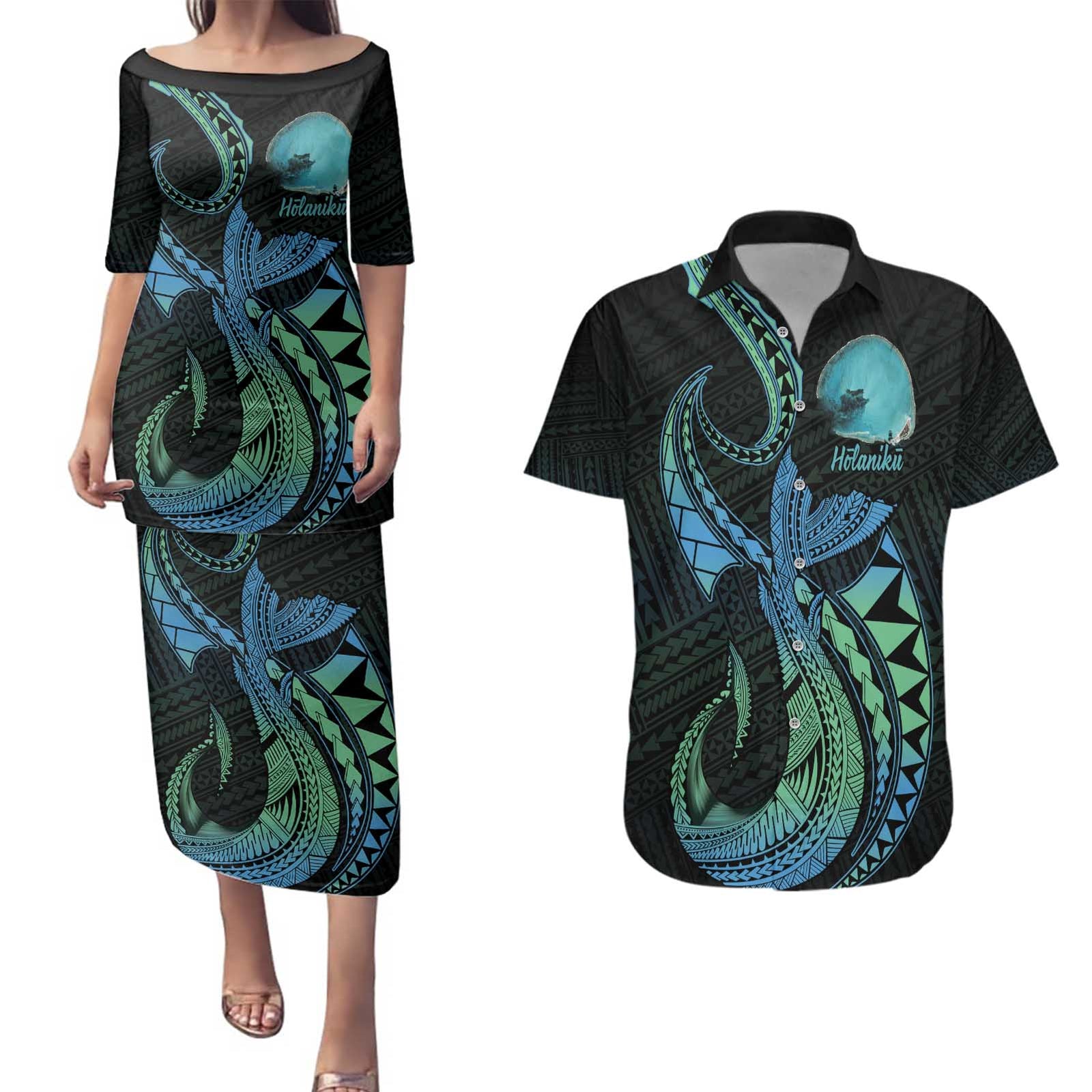 Personalised Hawaii Kure Atoll Couples Matching Puletasi and Hawaiian Shirt Holaniku Coral Reef with Polynesian Tribal