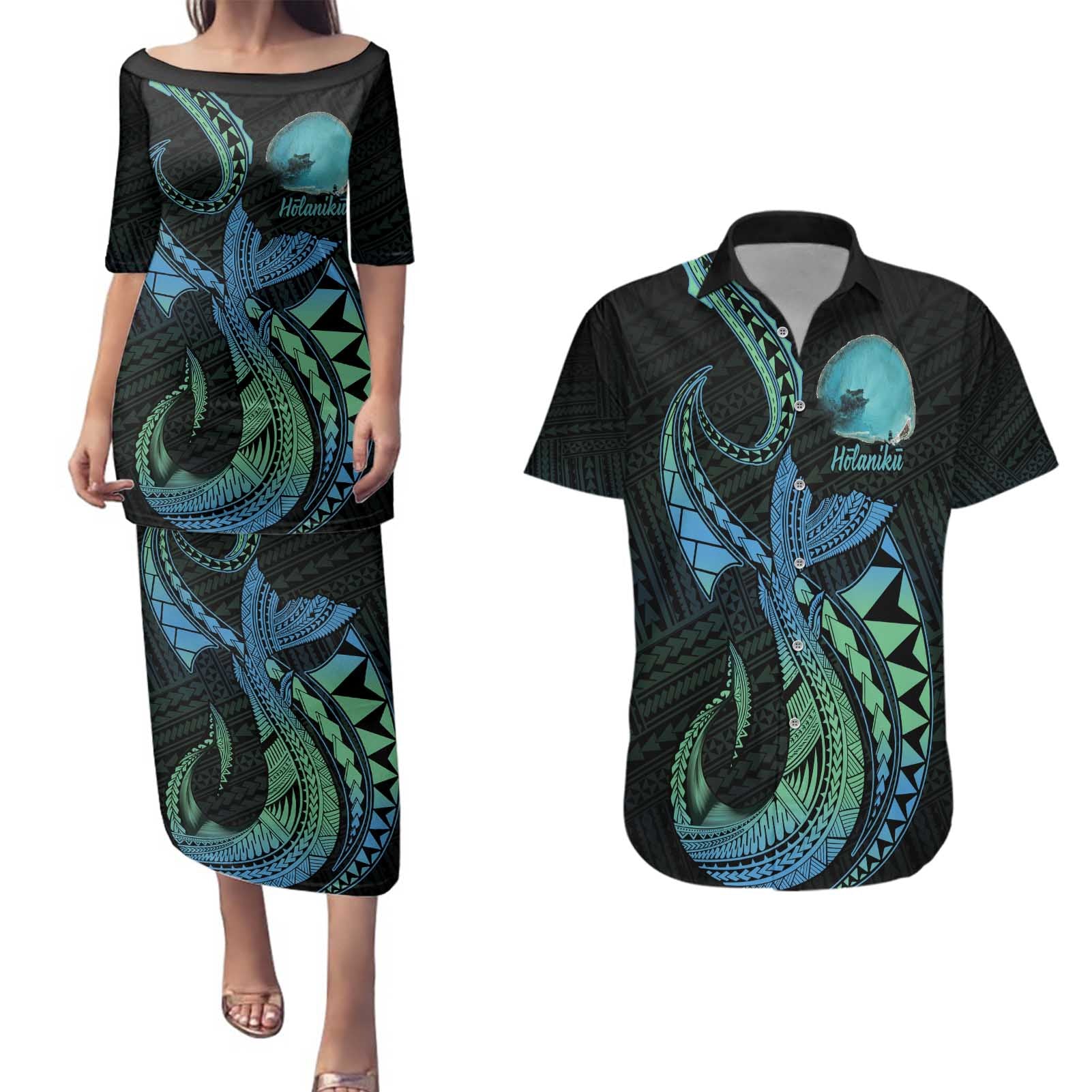 Personalised Hawaii Kure Atoll Couples Matching Puletasi and Hawaiian Shirt Holaniku Coral Reef with Polynesian Tribal