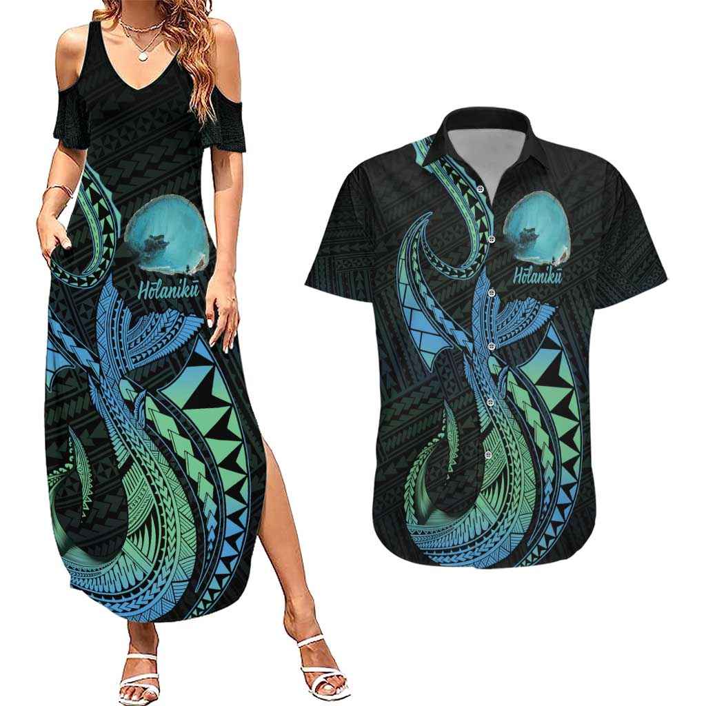 Personalised Hawaii Kure Atoll Couples Matching Summer Maxi Dress and Hawaiian Shirt Holaniku Coral Reef with Polynesian Tribal