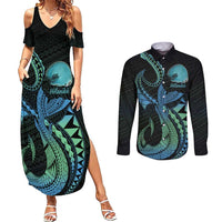 Personalised Hawaii Kure Atoll Couples Matching Summer Maxi Dress and Long Sleeve Button Shirt Holaniku Coral Reef with Polynesian Tribal LT9 Blue - Polynesian Pride