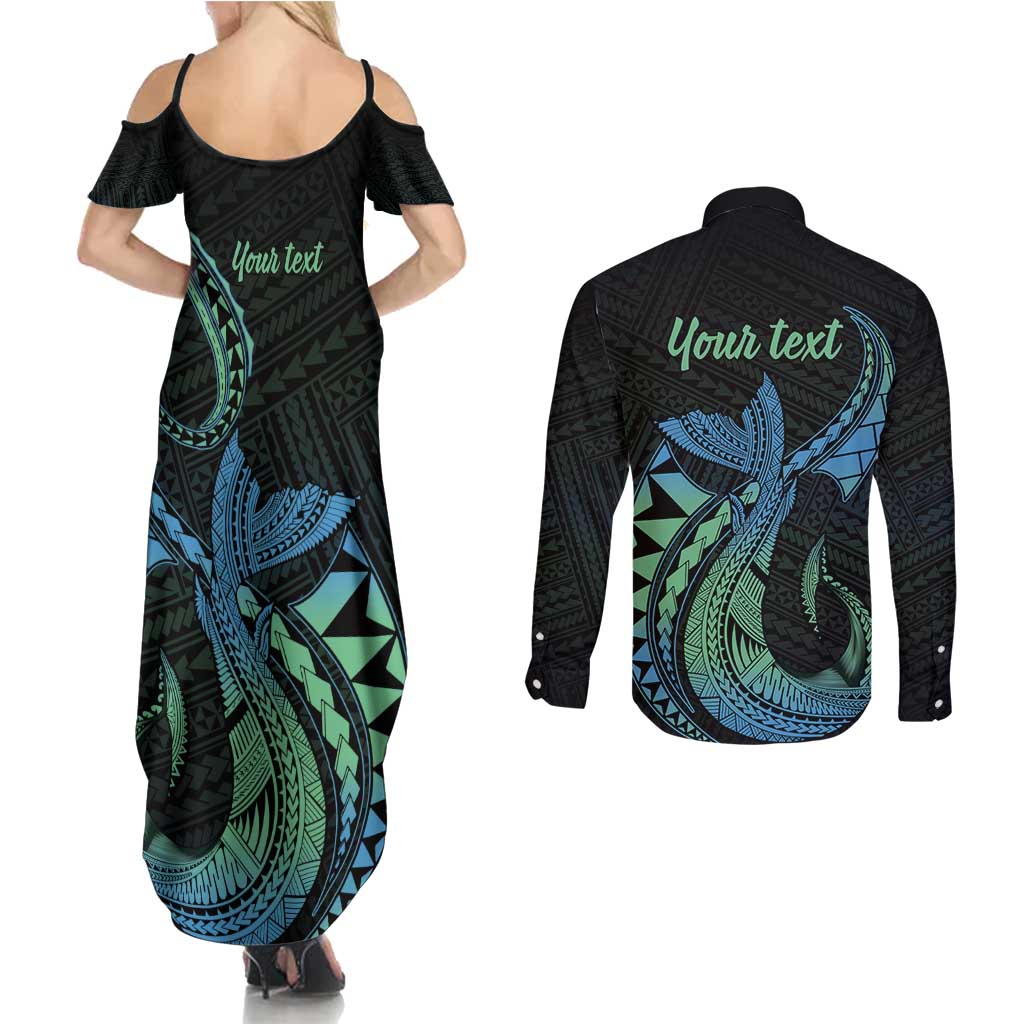 Personalised Hawaii Kure Atoll Couples Matching Summer Maxi Dress and Long Sleeve Button Shirt Holaniku Coral Reef with Polynesian Tribal LT9 - Polynesian Pride