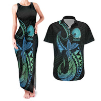 Personalised Hawaii Kure Atoll Couples Matching Tank Maxi Dress and Hawaiian Shirt Holaniku Coral Reef with Polynesian Tribal LT9 Blue - Polynesian Pride
