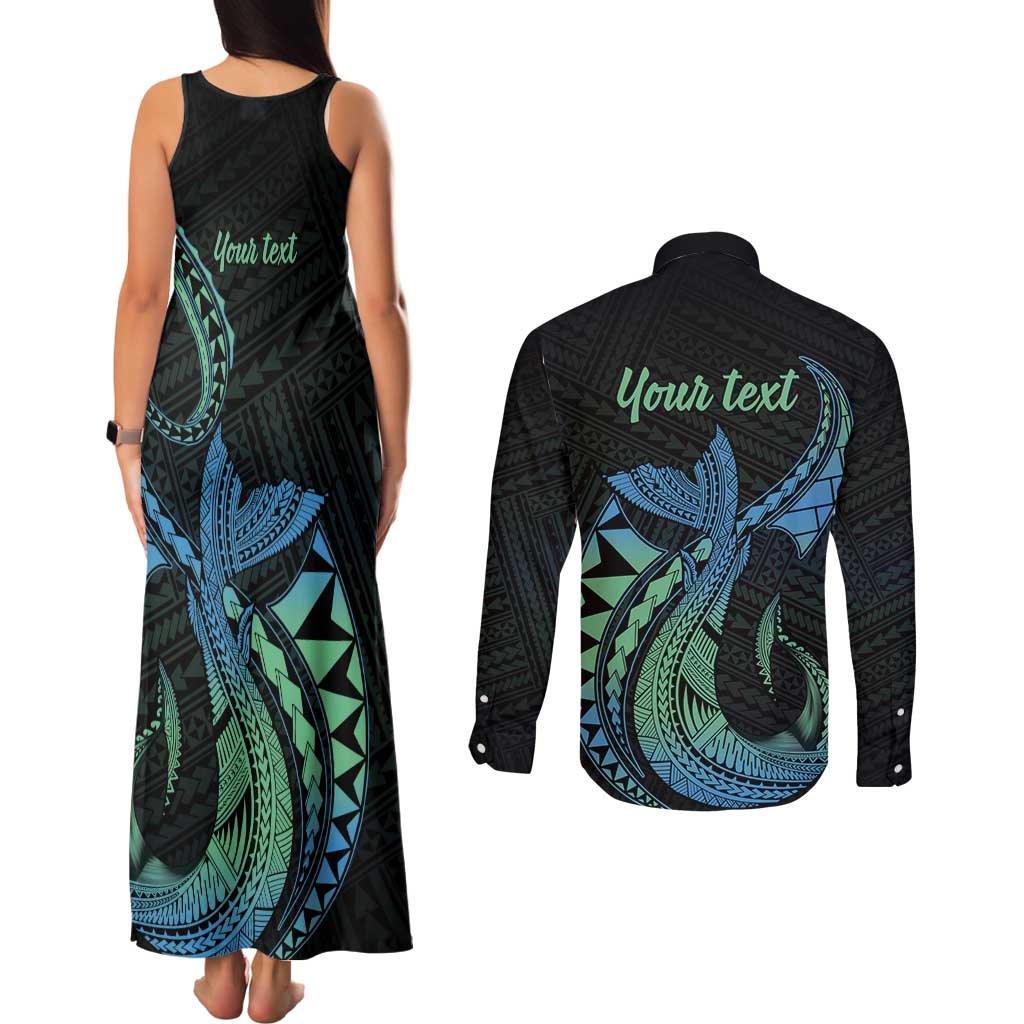 Personalised Hawaii Kure Atoll Couples Matching Tank Maxi Dress and Long Sleeve Button Shirt Holaniku Coral Reef with Polynesian Tribal LT9 - Polynesian Pride