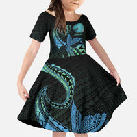 Personalised Hawaii Kure Atoll Family Matching Long Sleeve Bodycon Dress and Hawaiian Shirt Holaniku Coral Reef with Polynesian Tribal LT9 Daughter's Dress Blue - Polynesian Pride