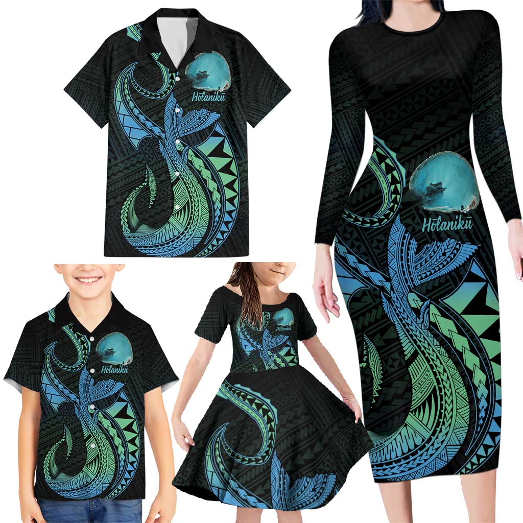 Personalised Hawaii Kure Atoll Family Matching Long Sleeve Bodycon Dress and Hawaiian Shirt Holaniku Coral Reef with Polynesian Tribal LT9 - Polynesian Pride