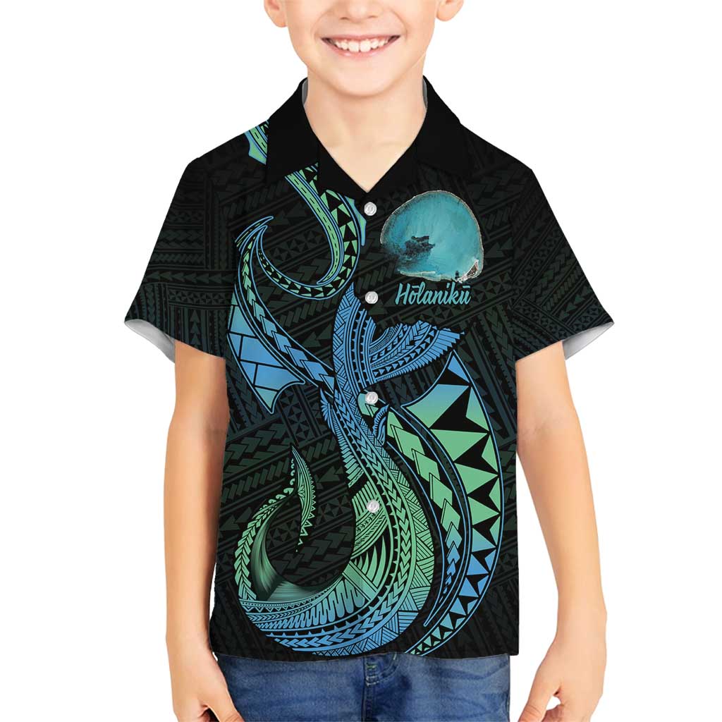 Personalised Hawaii Kure Atoll Family Matching Long Sleeve Bodycon Dress and Hawaiian Shirt Holaniku Coral Reef with Polynesian Tribal LT9 Son's Shirt Blue - Polynesian Pride