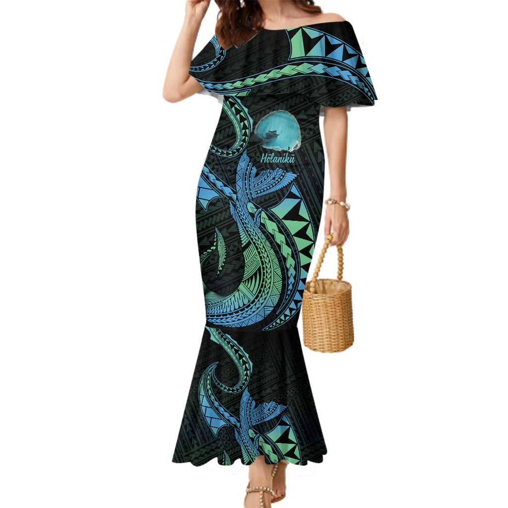 Personalised Hawaii Kure Atoll Family Matching Mermaid Dress and Hawaiian Shirt Holaniku Coral Reef with Polynesian Tribal LT9 Mom's Dress Blue - Polynesian Pride