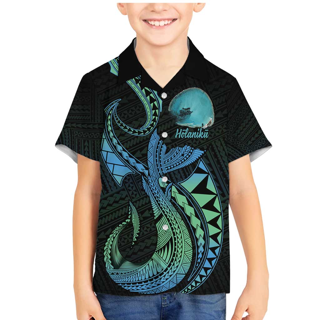 Personalised Hawaii Kure Atoll Family Matching Mermaid Dress and Hawaiian Shirt Holaniku Coral Reef with Polynesian Tribal LT9 Son's Shirt Blue - Polynesian Pride