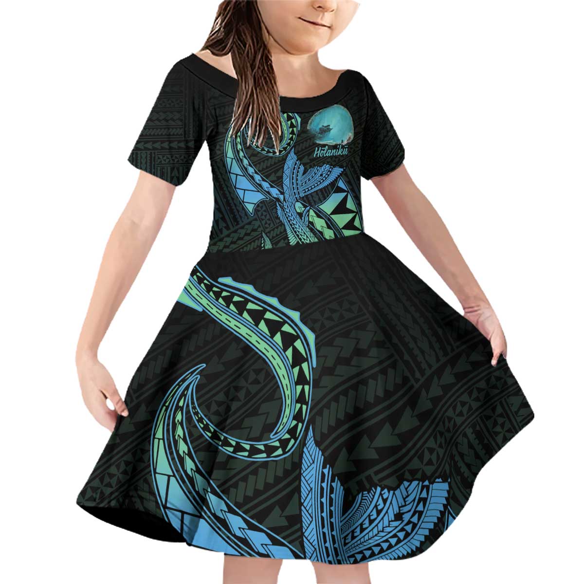 Personalised Hawaii Kure Atoll Family Matching Off Shoulder Short Dress and Hawaiian Shirt Holaniku Coral Reef with Polynesian Tribal