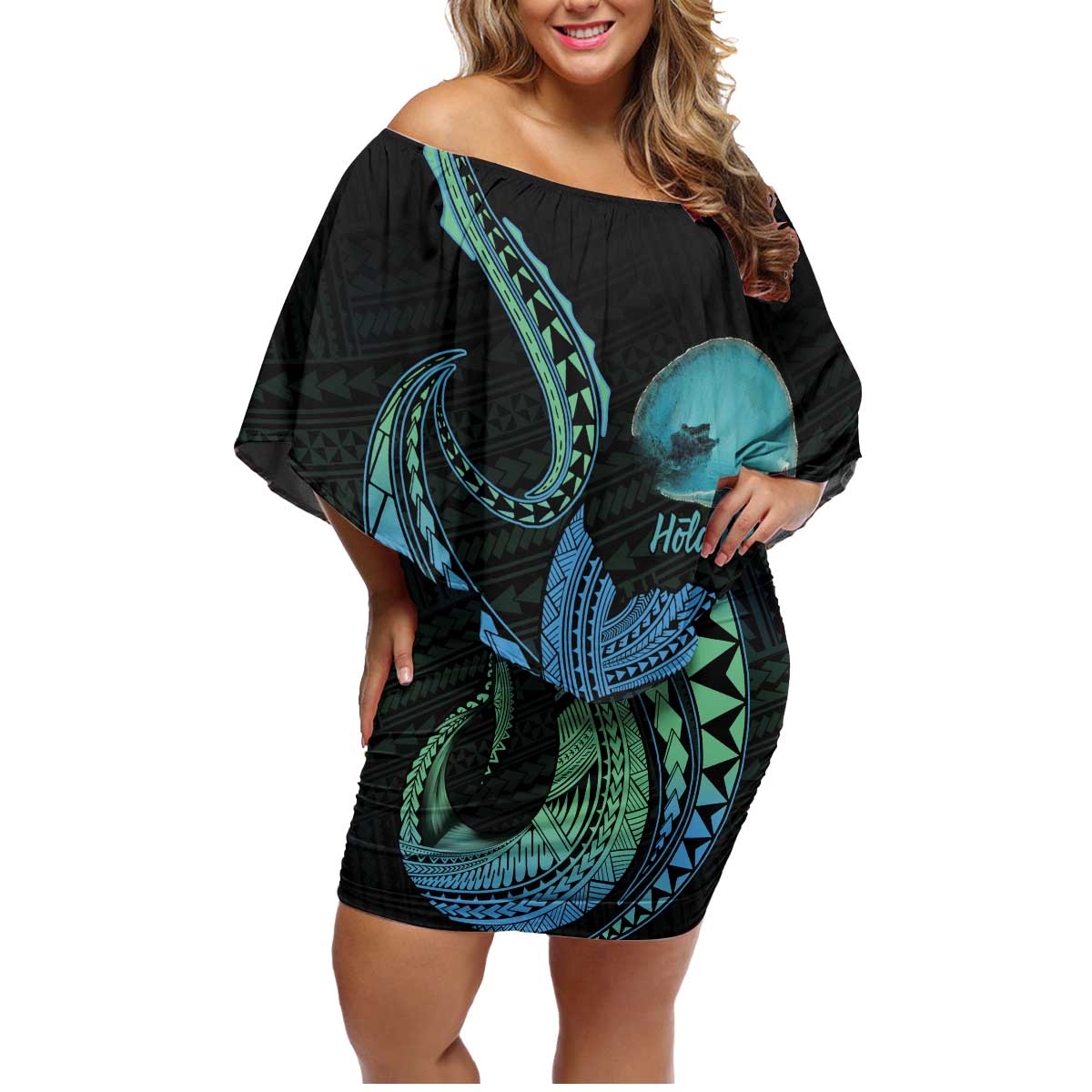 Personalised Hawaii Kure Atoll Family Matching Off Shoulder Short Dress and Hawaiian Shirt Holaniku Coral Reef with Polynesian Tribal