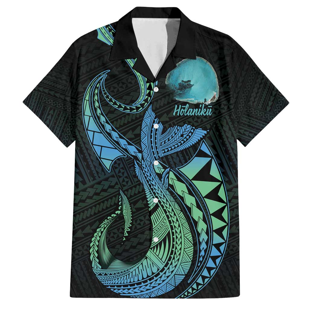 Personalised Hawaii Kure Atoll Family Matching Puletasi and Hawaiian Shirt Holaniku Coral Reef with Polynesian Tribal LT9 Dad's Shirt - Short Sleeve Blue - Polynesian Pride
