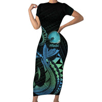 Personalised Hawaii Kure Atoll Family Matching Short Sleeve Bodycon Dress and Hawaiian Shirt Holaniku Coral Reef with Polynesian Tribal LT9 Mom's Dress Blue - Polynesian Pride