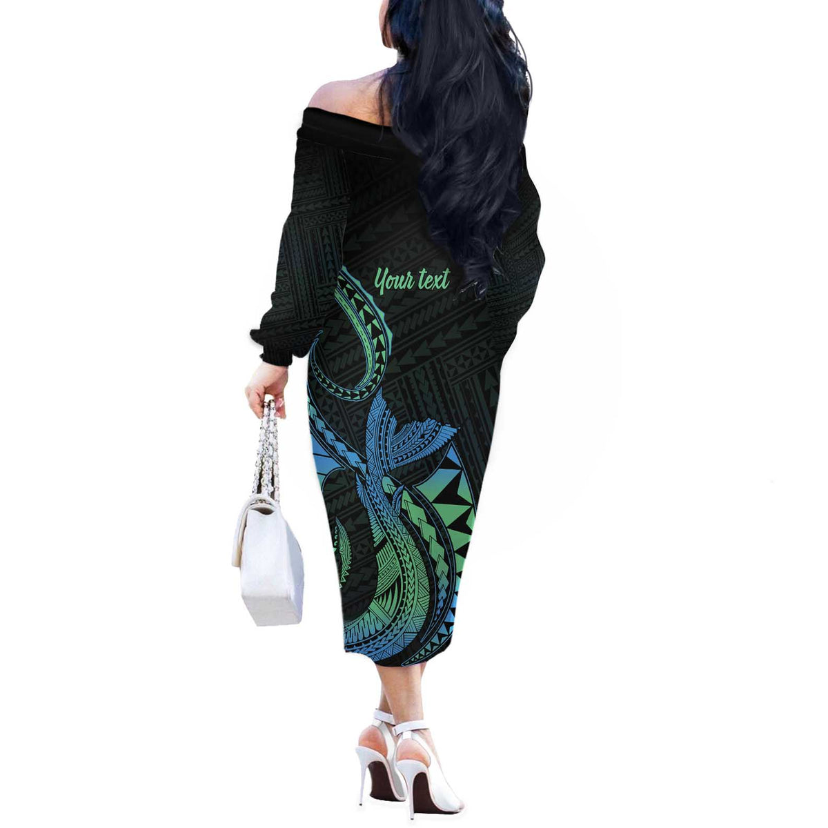 Personalised Hawaii Kure Atoll Off The Shoulder Long Sleeve Dress Holaniku Coral Reef with Polynesian Tribal