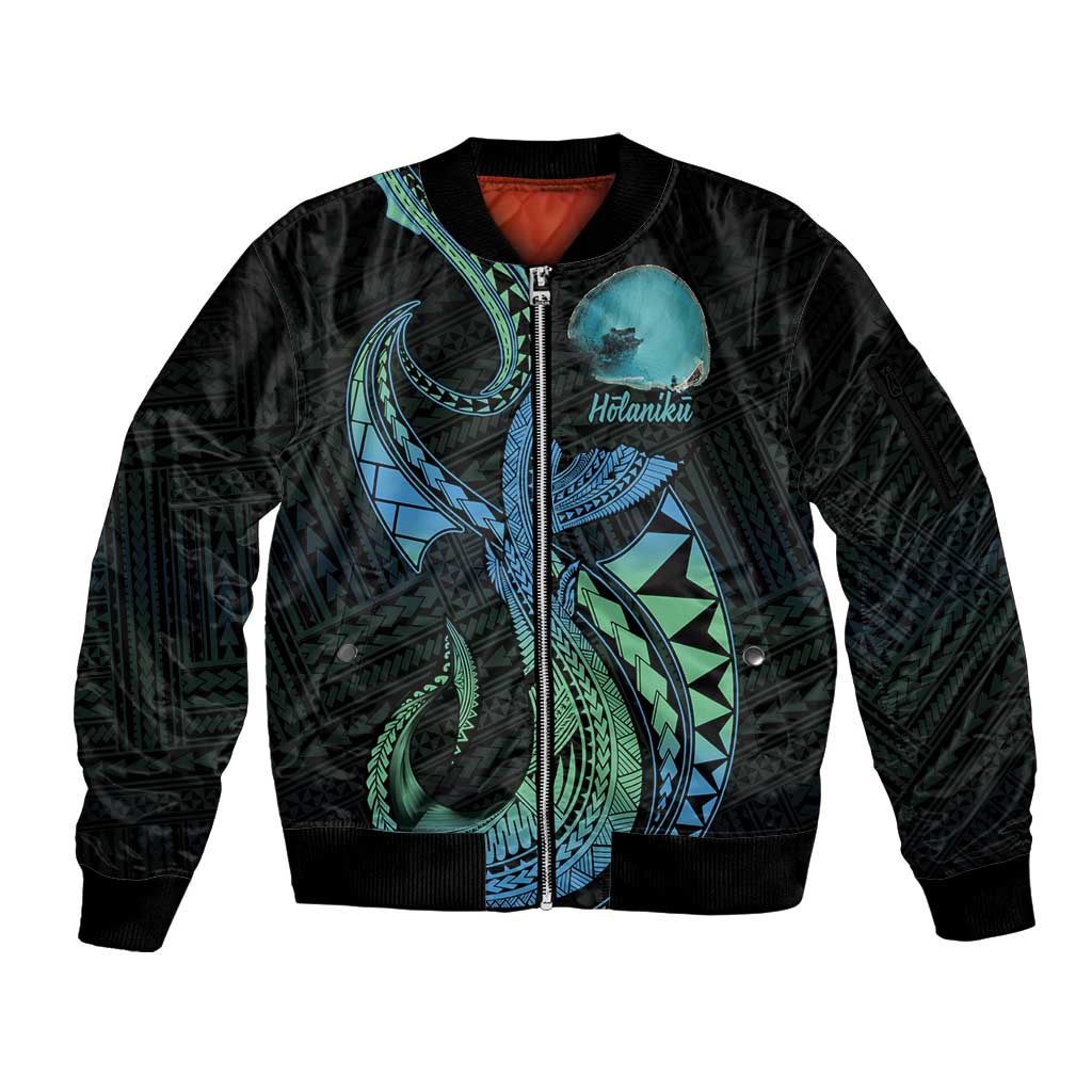Personalised Hawaii Kure Atoll Sleeve Zip Bomber Jacket Holaniku Coral Reef with Polynesian Tribal LT9 Unisex Blue - Polynesian Pride