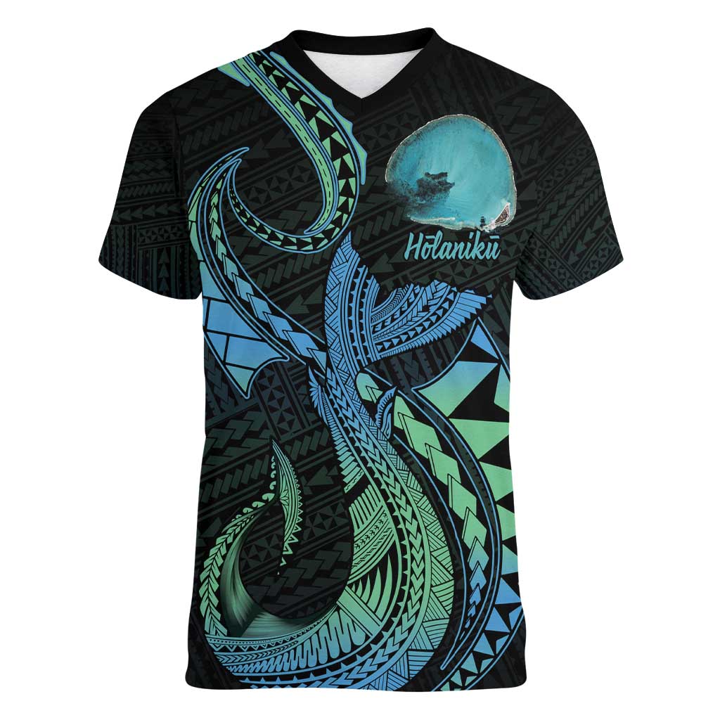 Personalised Hawaii Kure Atoll Women V-Neck T-Shirt Holaniku Coral Reef with Polynesian Tribal LT9 Female Blue - Polynesian Pride