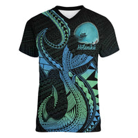 Personalised Hawaii Kure Atoll Women V-Neck T-Shirt Holaniku Coral Reef with Polynesian Tribal LT9 Female Blue - Polynesian Pride