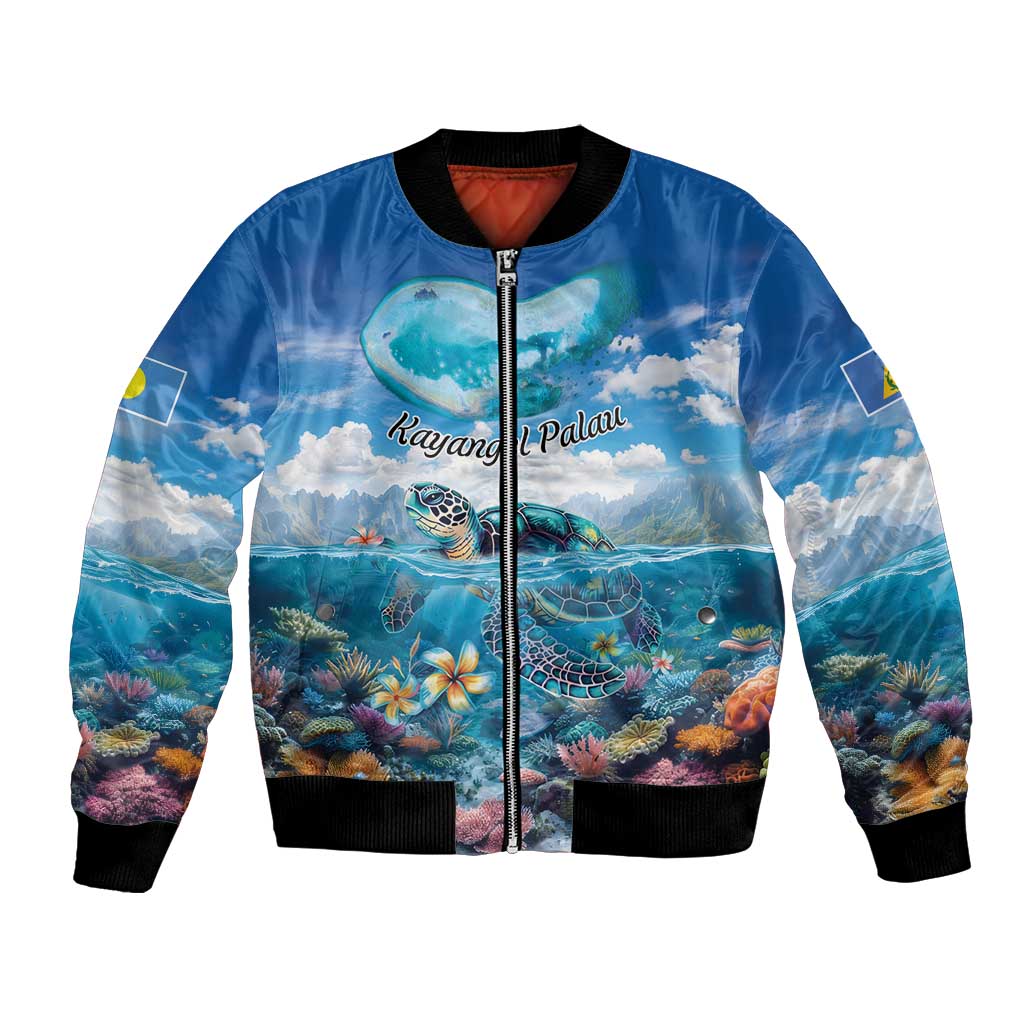 Personalised Palau Kayangel Atoll Bomber Jacket Turtle With Coral Reef Under Water