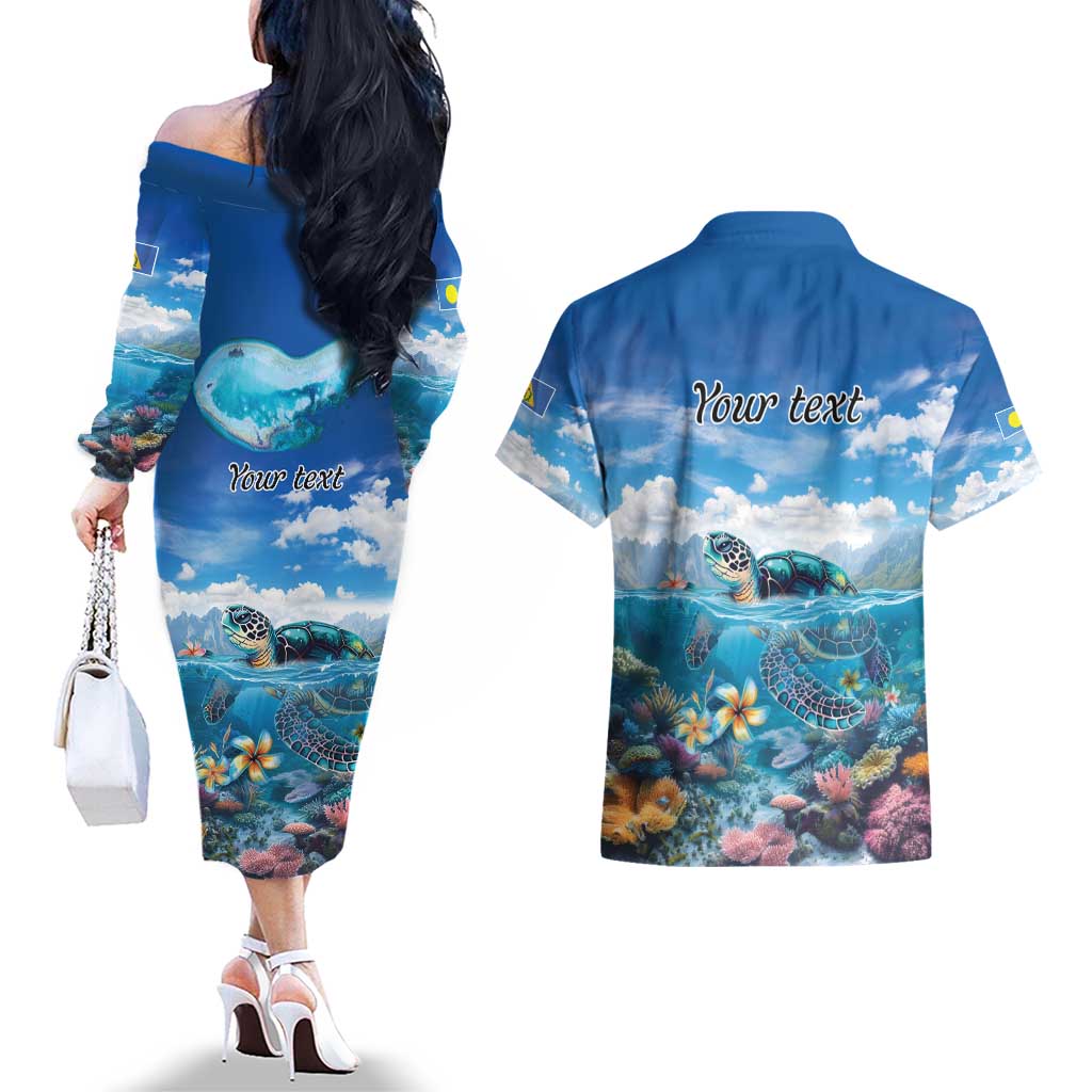 Personalised Palau Kayangel Atoll Couples Matching Off The Shoulder Long Sleeve Dress and Hawaiian Shirt Turtle With Coral Reef Under Water