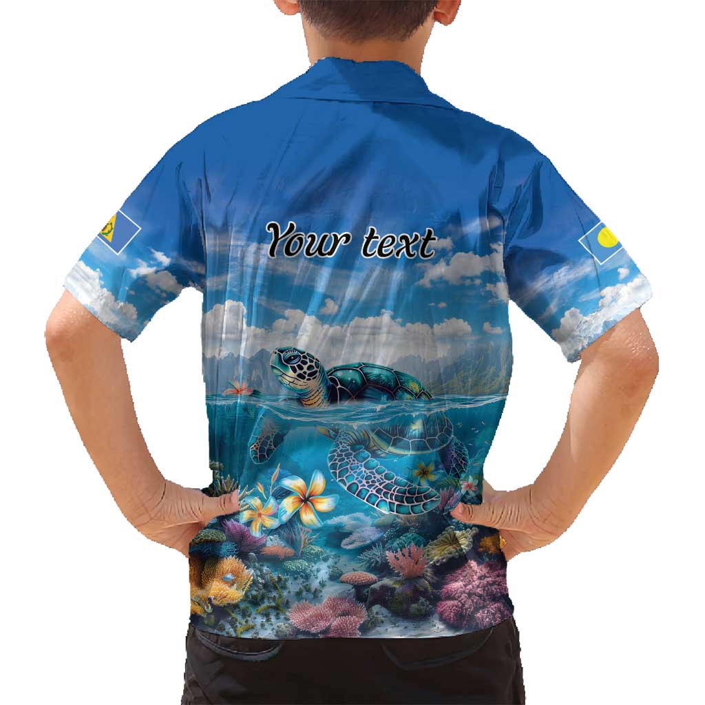 Personalised Palau Kayangel Atoll Family Matching Long Sleeve Bodycon Dress and Hawaiian Shirt Turtle With Coral Reef Under Water
