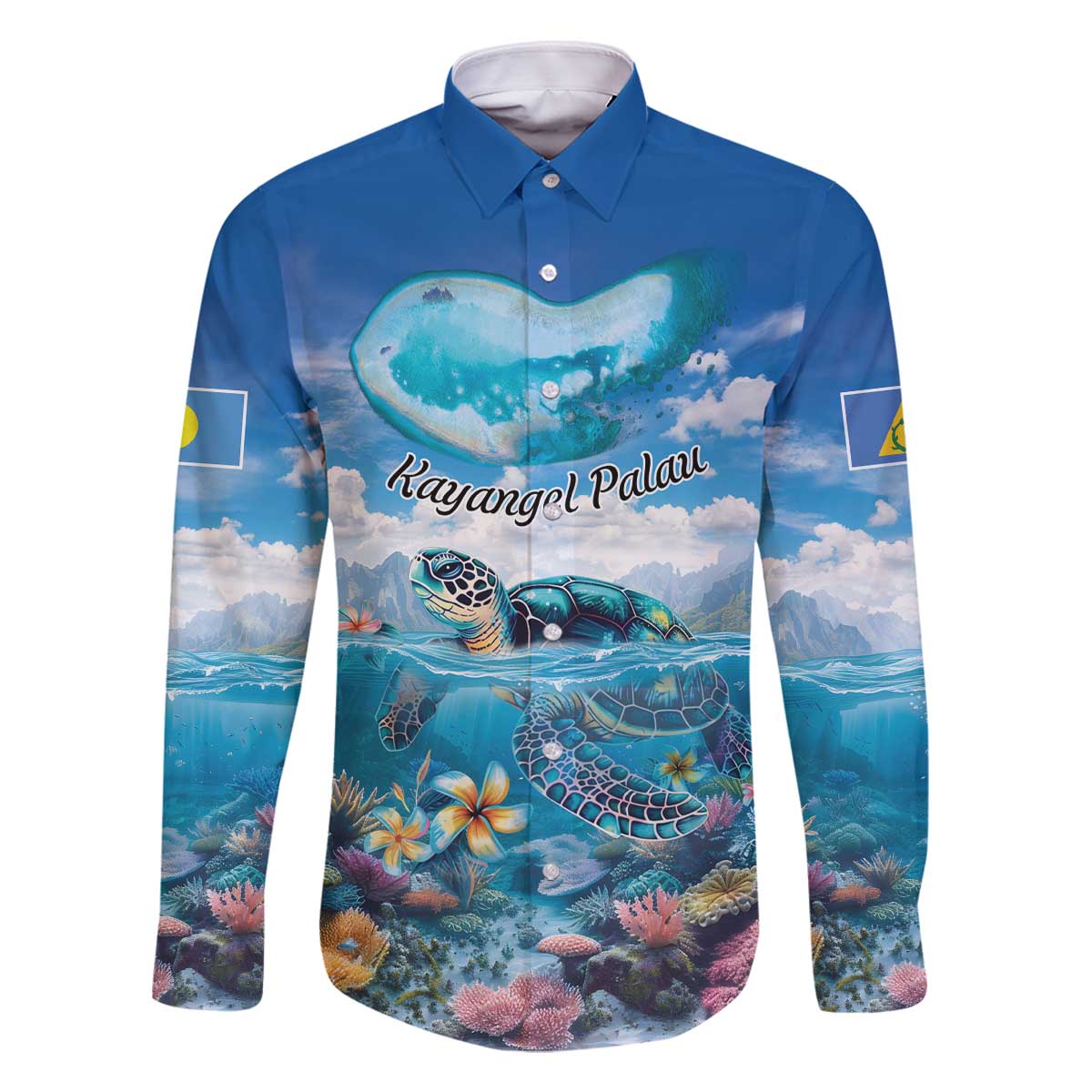Personalised Palau Kayangel Atoll Family Matching Off The Shoulder Long Sleeve Dress and Hawaiian Shirt Turtle With Coral Reef Under Water
