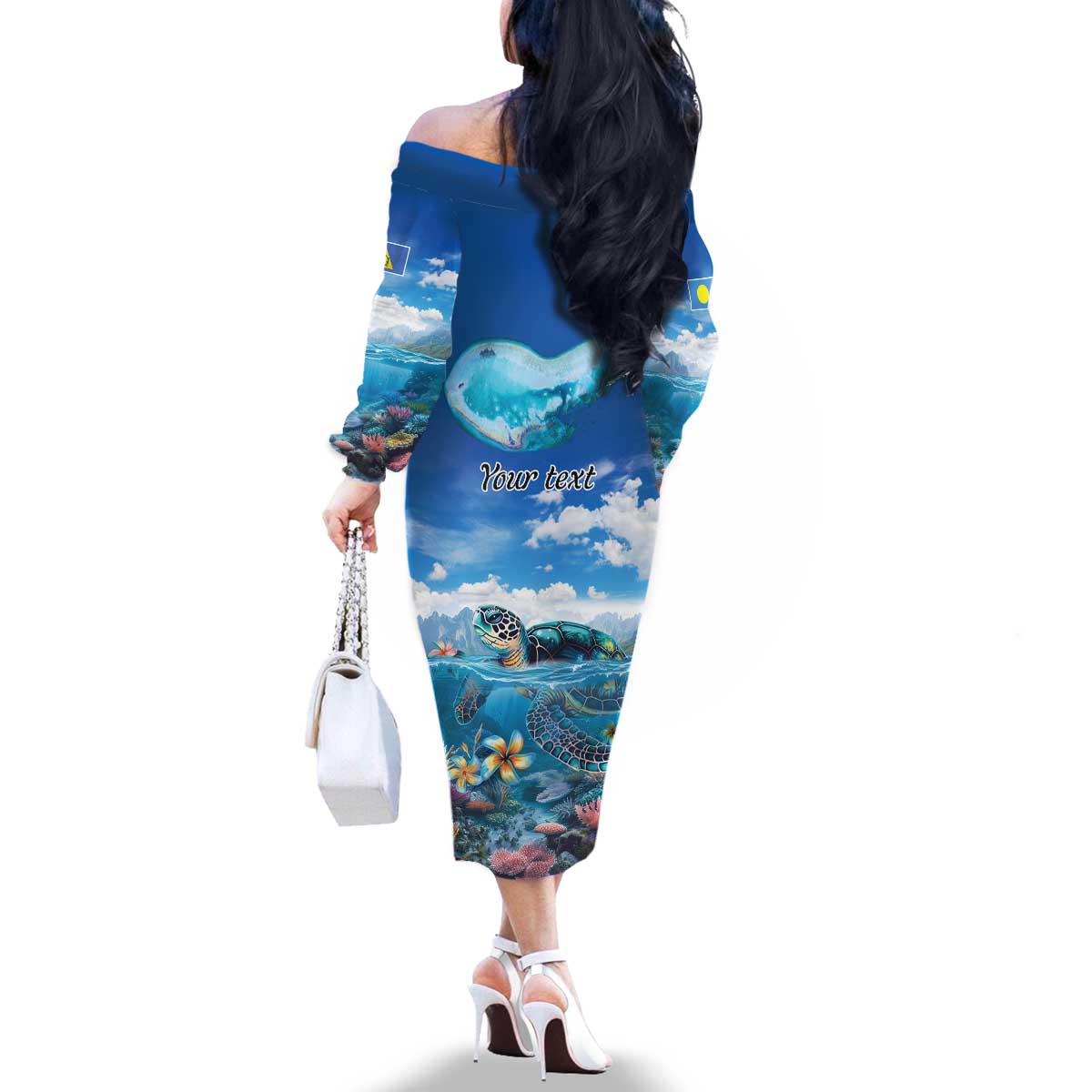 Personalised Palau Kayangel Atoll Family Matching Off The Shoulder Long Sleeve Dress and Hawaiian Shirt Turtle With Coral Reef Under Water