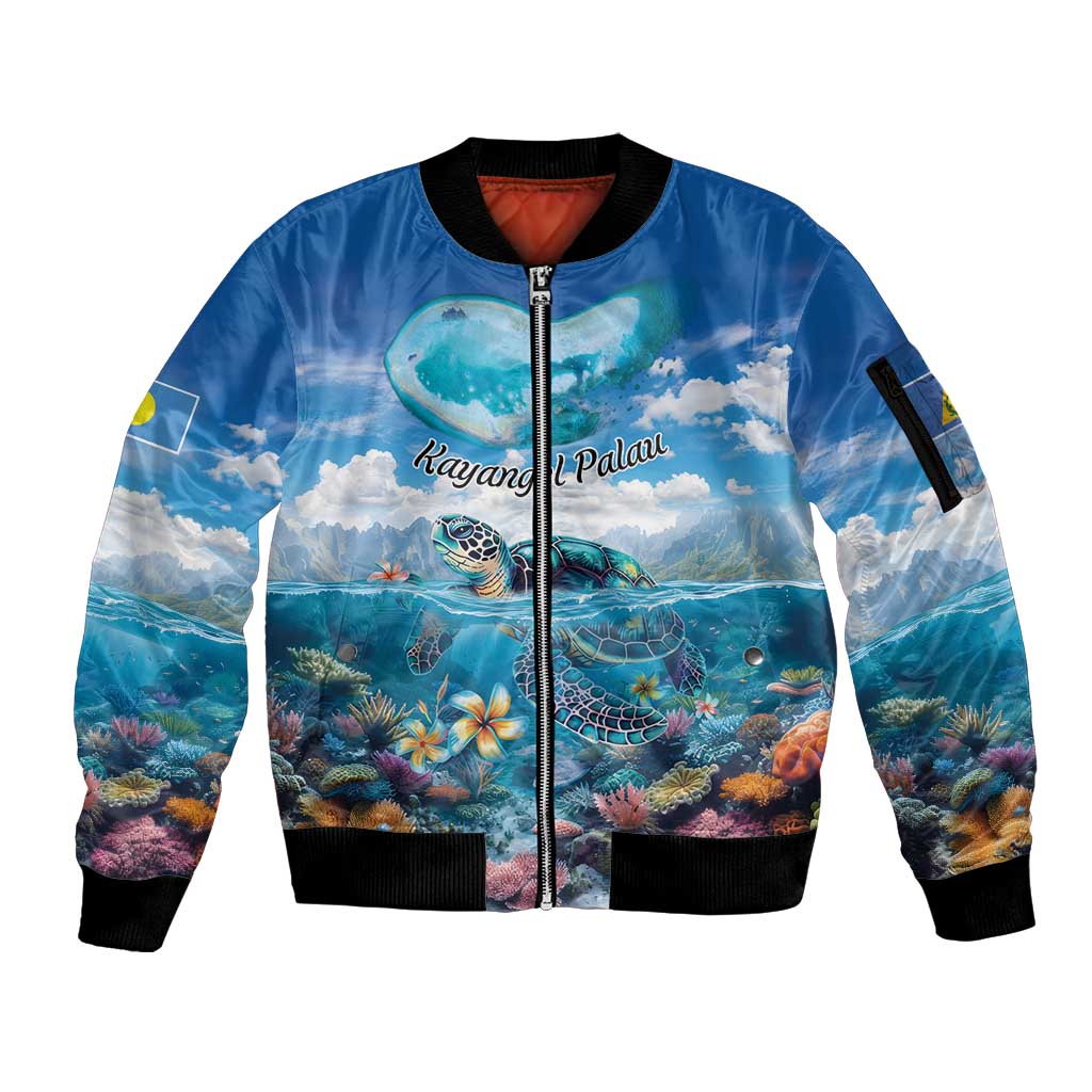 Personalised Palau Kayangel Atoll Sleeve Zip Bomber Jacket Turtle With Coral Reef Under Water