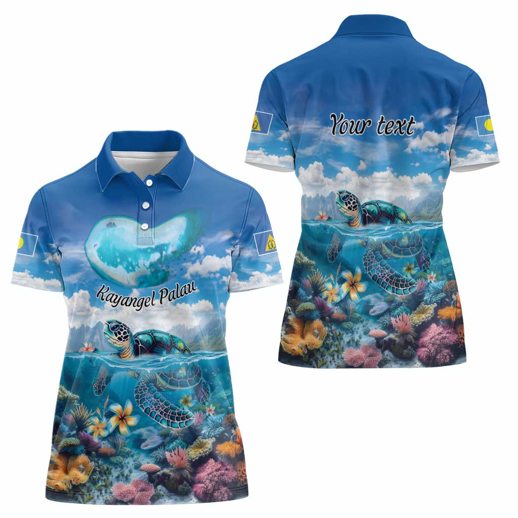 Personalised Palau Kayangel Atoll Women Polo Shirt Turtle With Coral Reef Under Water