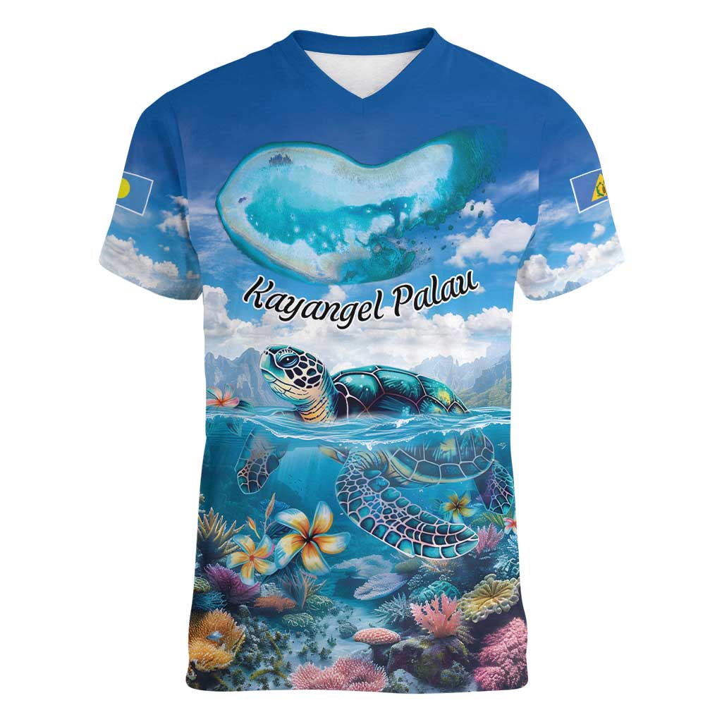 Personalised Palau Kayangel Atoll Women V-Neck T-Shirt Turtle With Coral Reef Under Water