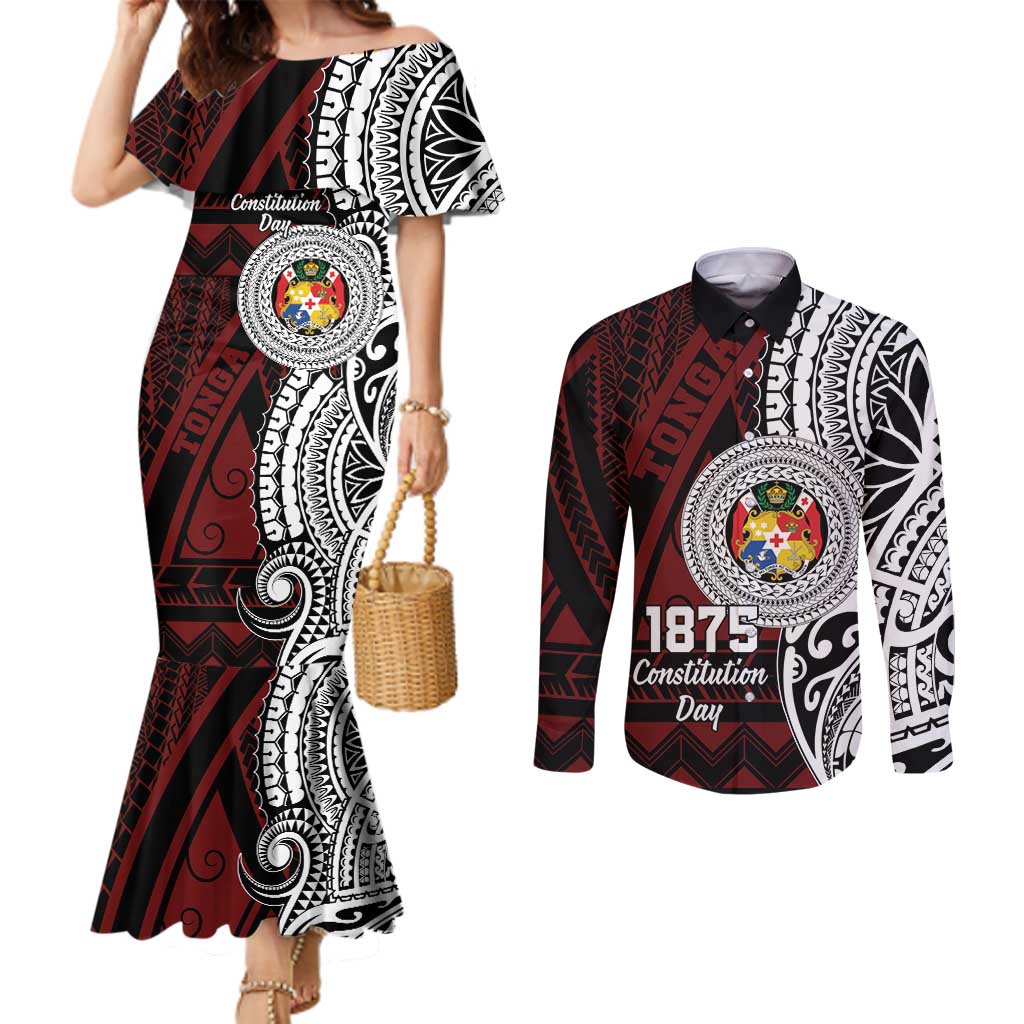 Personalised Tonga Constitution Day 1875 Couples Matching Mermaid Dress and Long Sleeve Button Shirt Polynesian Tribal Tattoo